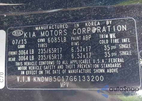 2016 Kia Sedona Lx z USA, uszkodzony, nr VIN KNDMB5C17G6133200